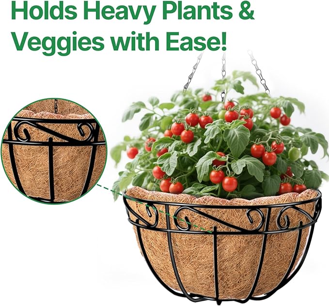 AMAGABELI GARDEN & HOME 4 Pack 12 Inch Metal Plant Hanging Baskets Planter Flower Pots Outdoor Indoor Wire Hanging Basket for Vegetable with Coco Fiber Liners for Garden Home Porch Decor
