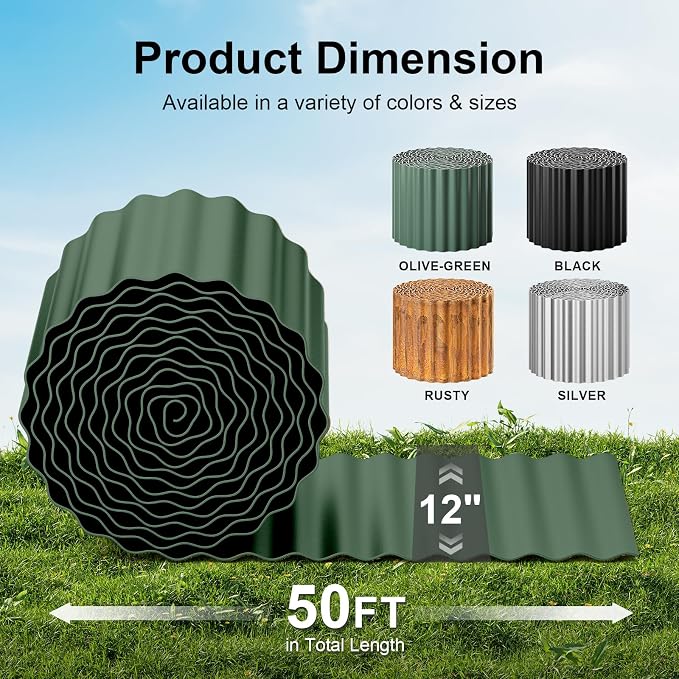 Land Guard Corrugated Metal Garden Edging, 12"×50Ft Steel Landscape Edging, Corrugated Metal Yard Edging Borders, Steel Edging for Landscaping, Garden Fence, Lawn, Flower Bed (Olive-Green)