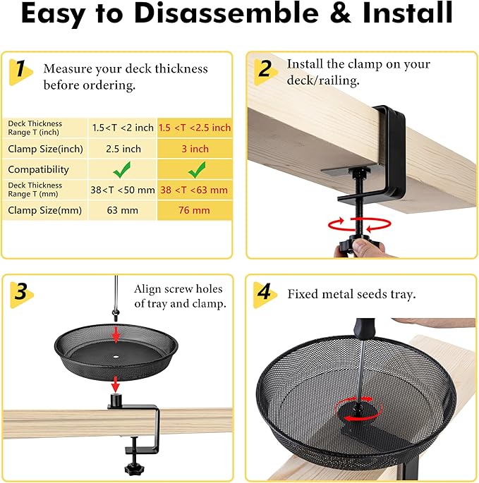 iBorn Deck Bird Feeders for Outdoors,Platform Bird Seed Tray with 5.5 lbs Capacity,Balcony Porch Railing Bird Feeder, Drainage Mesh Holes,Tilt-Proof, Windproof, Anti-Loosen, Easy to Refill&Clean,Black