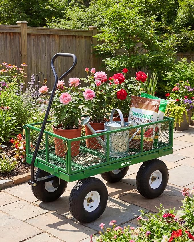Garvee Versatile Outdoor Utility Cart - 400LBS Heavy-Duty, 10" All-Terrain Pneumatic Tires, Easy Maneuverable Lawn Cart with Removable Mesh Panels for Gardening & Landscaping, Green