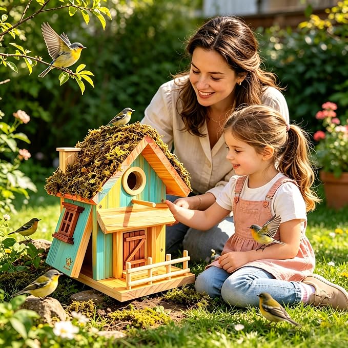 Bird Houses for Outside – Bird House Kits, DIY for Adults & Kids, 1.5" Entrance, Premium Pine, Moss Roof, Bark Siding, Side-Opening Door, Easy Clean,Family Craft for Garden,Backyard or Patio