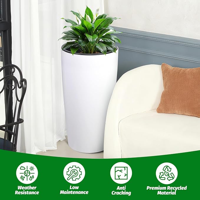 Garvee Tall Planters for Outdoor Plants, 30 in Large Planters Set of 2, Outdoor & Indoor Planters with Water Level Monitor ＆ Inner Bucket, Automatic Watering, for Porch, Patio, Backyard, White