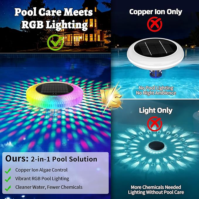 Solar Pool Ionizer Floating Lights: Copper Ionizer with LED Solar Powered Outdoor Waterproof Lighting RGB Color Changing Light with Remote Control for Above Ground Inground Swimming Pool Party Spa