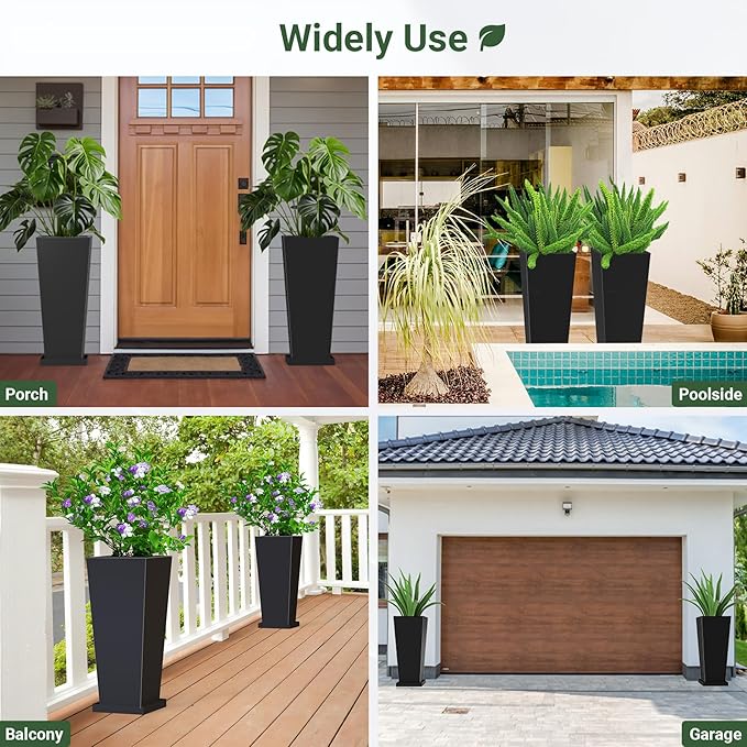 Metal Tall Outdoor Planters Set of 2, 26 inch Durable Tall Planters with Rust-Proof Coating & Drainage Insert Shelve & Trays, Black Outdoor Planters for Porch, Garden, Patio, Yard