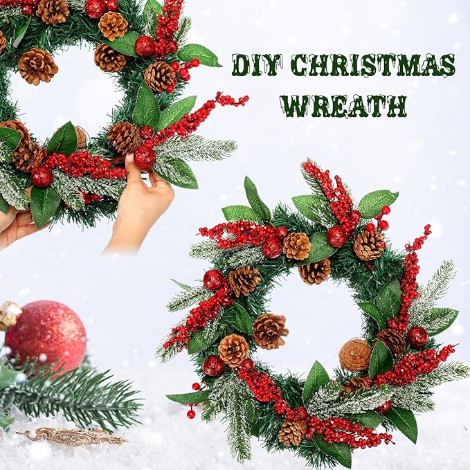 Boao 12 Pieces Glittery Pine Snowy Flower Picks Artificial Holly Red Berry Pine Cone Picks Fake Berries Pine Cones for Christmas Crafts Party Festive Home Decor (Glitter Sequins Style, 11 Inch)