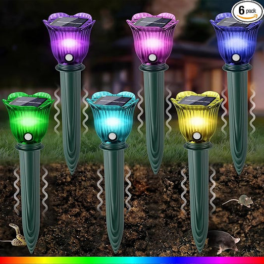 6 Pack Solar Ultrasonic Animal Repellent with RGB Color-Changing Lights, Pest 360° Sonic Deterrent for Outdoor Lawn & Garden, Solar Powered Mole, Snake & Gopher Repellent Stakes (Petal Style)
