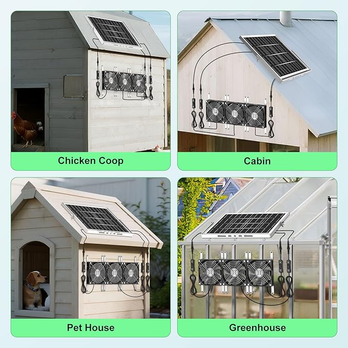 New 5.5" Solar Chicken Coop Fan 3 Kit, 35W Solar Powered Exhaust and Intake Greenhouse Fan Outdoor Waterproof, 16.5ft Cord, Strong Airflow, for Shed Air Circulation and Ventilation, No Battery
