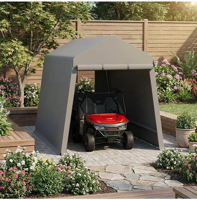 Garvee 7X12 Ft Outdoor Storage Shed, 2 Rolled Up Zipper Doors Portable Storage Shed, Waterproof Cover Vents Carports Temporary Shelter for Bike, Motorcycle, Gardening Tools, Generator, Grey