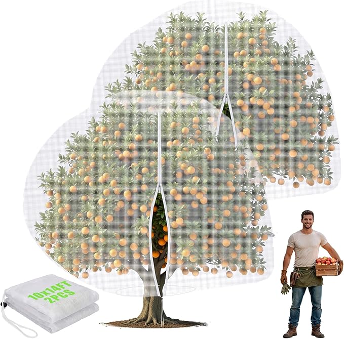 2 Pcs 10 x 14 ft Large Fruit Tree Netting for Protecting Fruit from Squirrels Birds Bug Deer & Rat Garden Mesh Netting with Zipper and Drawstring for Blueberry Peach Apple Garden Bushes