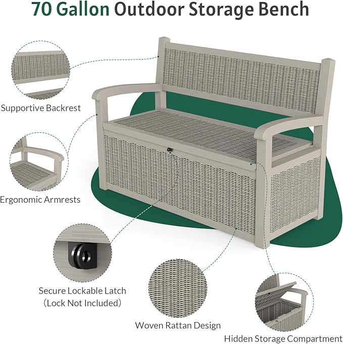 Skepphlay 70 Gallon Storage Bench Deck Box Outdoor, Deck Storage Bench Outside, Lockable Outdoor Benches with Armrest & Back, Deck Boxes Waterproof for Pool Patio Garden (Grey)
