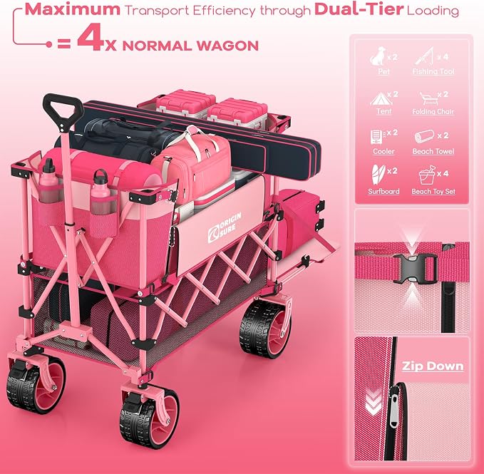 400L Double Decker Wagon Collapsible with 54" L Tailgate, 560lbs Heavy Duty Wagons Carts Foldable, Extra Large Folding Beach Wagon with Big All-Terrain Wheels for Camping, Sports, Groceries, Pink