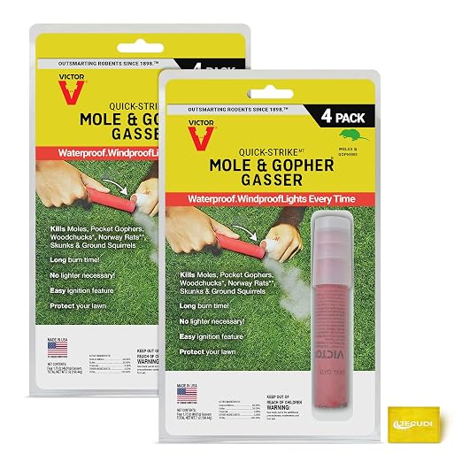 Victor Quick-Strike Mole & Gopher Gassers – 8 Total Gassers, Self-Igniting Burrow Pest Control, Waterproof & Windproof, Long-Burn Outdoor Tunnel Treatment (2)