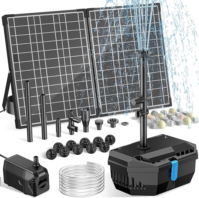NFESOLAR 30W Solar Pond Filter Kit with Fountain Pump, 210 GPH Solar Pond Pump & Outdoor Filter Box, Submersible Water Pump with 16.4FT Cable & 6.6FT Tubing for Koi Pond, Fish Tank