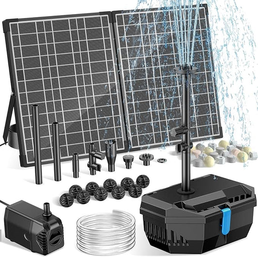 NFESOLAR 30W Solar Pond Filter Kit with Fountain Pump, 210 GPH Solar Pond Pump & Outdoor Filter Box, Submersible Water Pump with 16.4FT Cable & 6.6FT Tubing for Koi Pond, Fish Tank