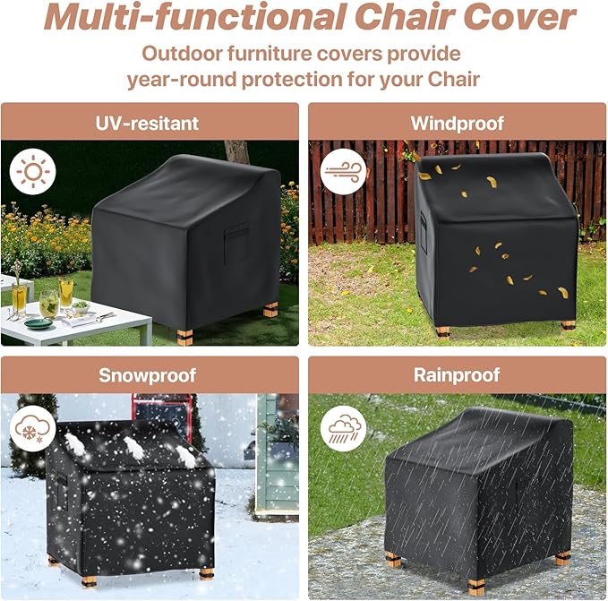 Likorlove Patio Chair Covers Waterproof – 38" W x 31" D x 29" H, 600D Heavy Duty Outdoor Furniture Covers for Deep Seat Lounge Chairs, Windproof with Buckles & Air Vent, Black (2 Pack)