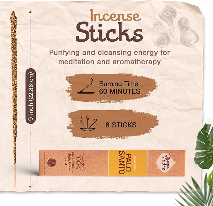 Sagrada Madre 8pcs Wildly Harvested Thick Palo Santo Incense Sticks (Plant Based), 9” Long - Eco Friendly, Non-Toxic, Aromatic Incense Sticks (1hr Burning Time) to Heal & Calm Your Body & Environment