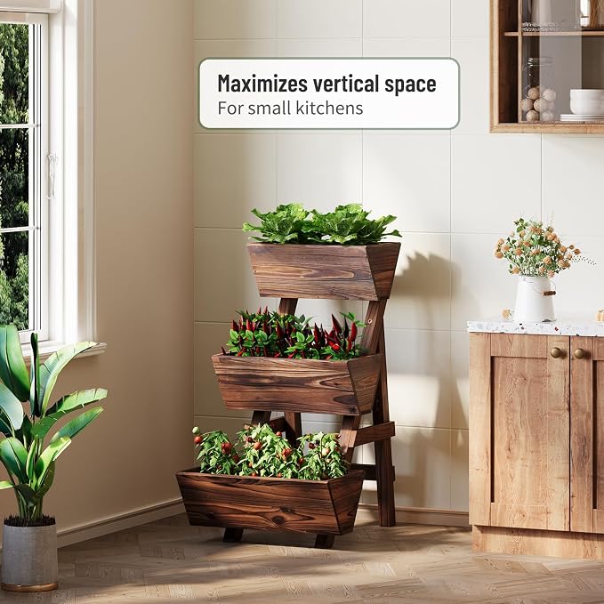 Vertical Wooden Raised Garden Bed, Garden Planters Freestanding Wood Plant Stand Flower Rack Wooden Planter Box for Plants Herbs Flowers Vegetables Outdoor Indoor Gardening (3-Tier Small Carbonized)