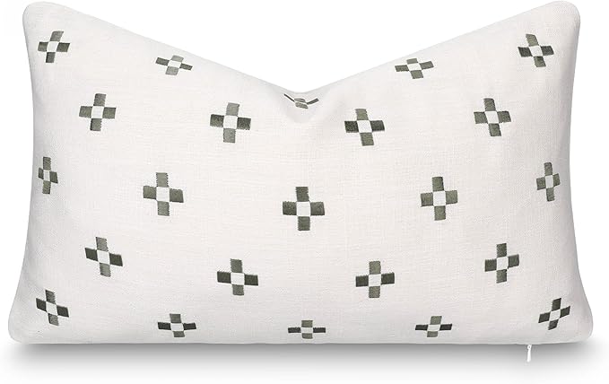 Crumbs Home Modern Farmhouse California Casual Indoor Outdoor Lumbar Pillow Cover, 12"x20" Water Repellent for Patio, Backyard, Couch, Poolside, Neutral Green Embroidered Small Squares