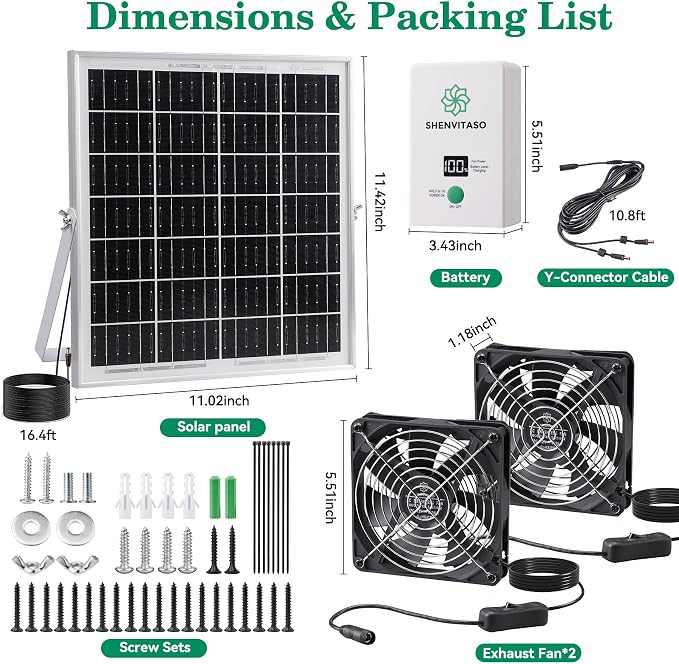 Solar Powered Exhaust Fan with Battery, 25W Solar Panel Dual 5.5 Inch Fans, 450 CFM IPX7 Waterproof Solar Ventilation Fan Kit for Chicken Coop, Greenhouse, Shed, Garage, Dog House