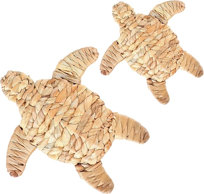 Threehoney 2 Pcs Sea Turtle Beach Theme Decor 2 Size Handmade Wicker Turtle Wall Decor Sea Life Hanging Wall Art Coastal Nautical Sculpture Table Decoration for Boho Bathroom Indoor Outdoor Ornament