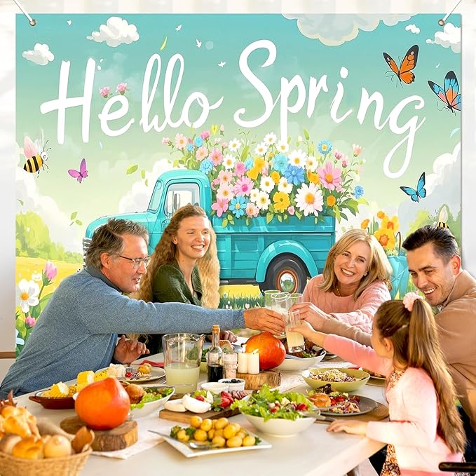 BlissYard Hello Spring Backdrop 8x6ft Flower Truck Photography Background Spring Garden Party Scenic Banner for Easter Celebration Birthday Baby Shower Classroom Photo Booth Decor