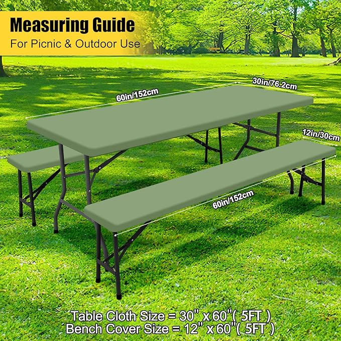 Smiry Picnic Table Cover with Bench Covers, Waterproof Elastic Fitted Polyester Tablecloths for 5 Ft Rectangle Tables, Washable Windproof Tablecloth for Outdoor, Camping (Sage Green, 30x60 Inches)