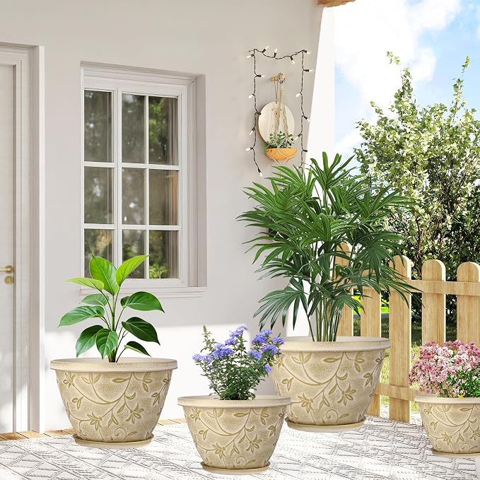 Nooulap 12 Inch Pots for Plants with Drainage, Large Plastic Flower Pots Outdoor Indoor, Decorative Planters with Gold Flower Pattern for Home, Porch, Balcony & Garden (Beige)