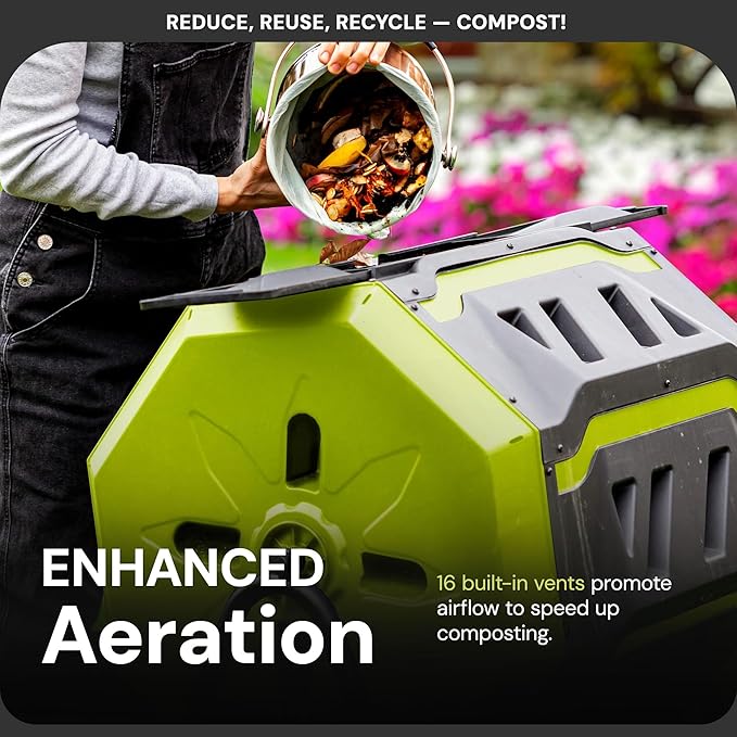 Sun Joe Outdoor Tumbling Composter Bin with 360° Dual Chamber, 2-10 Weeks Compost, 42 Gal - Rotating Composting Tumbler for Home Waste Management and Solution, SJ-CMPS1