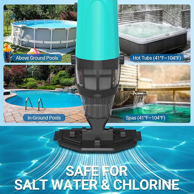 Cordless Handheld Pool Vacuum for Above Ground Pools, 18GPM IPX8 60Mins Above Ground Pool Vacuum W/4-Section Pole for Leaves Sand Debris & Step Corner Wall, Pool Vacuum for Inground Pools Hot Tub Spa