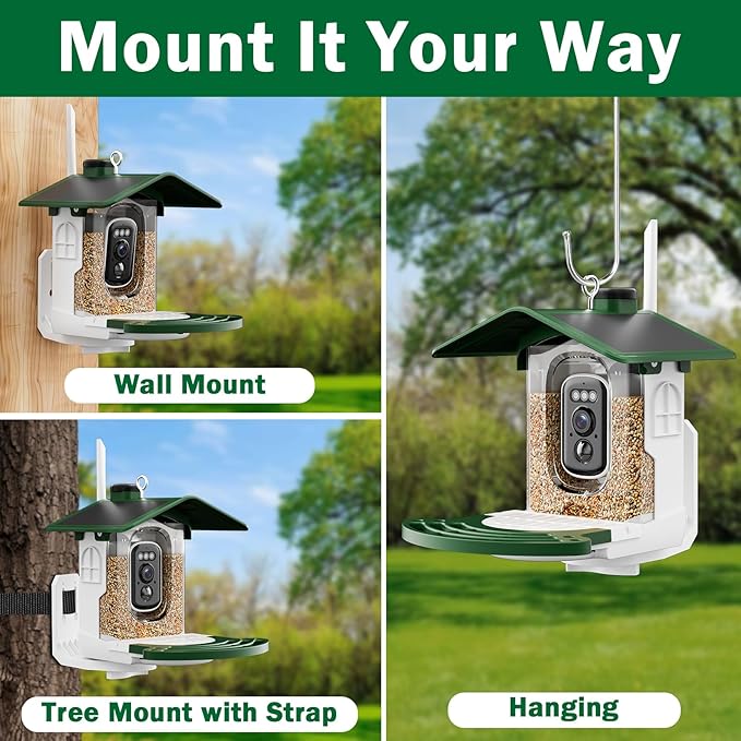 Smart Bird Feeder with Camera, AI Identify 10,000+ Species, Dual Solar Ports & Monocrystalline Roof, Modular Squirrel-Proof, 2K HD, 30-Day Free Cloud, Gifts for Parents