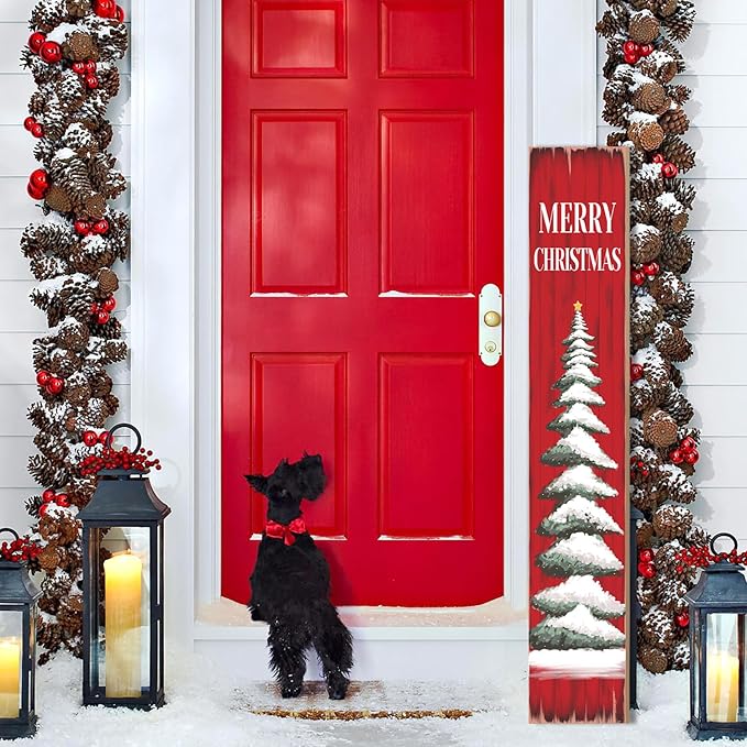 Christmas Porch Sign Christmas Tree Welcome Sign For Front Porch Xmas Snow Red wood grain Home Decor Indoor Outdoor Wooden Vertical Sign For Patio Front Door Porch Wall Yard