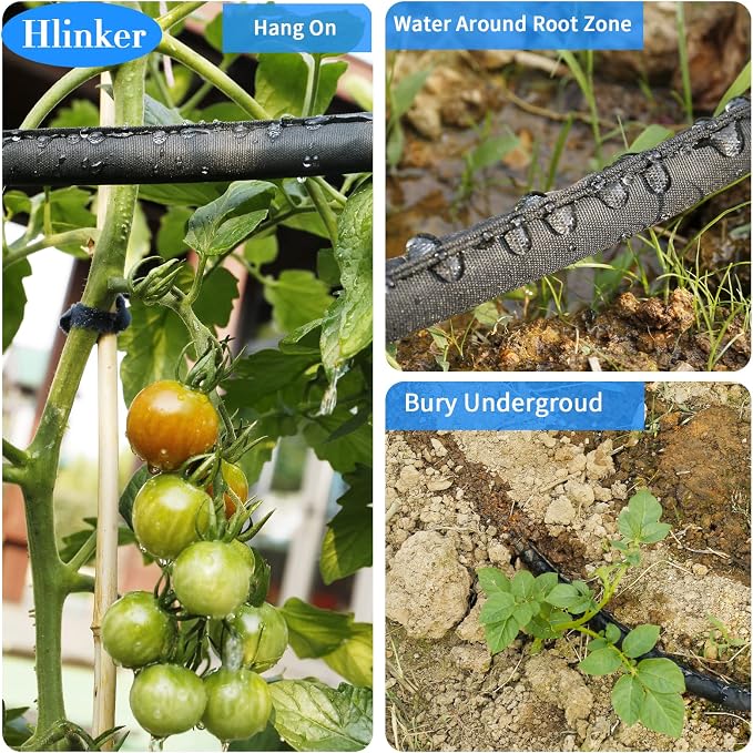Hlinker Flat Soaker Hose 25 50 FT for Garden Beds, 50Ft (25FT X 2) 1/2" Linkable Consistent Drip Irrigation Hose Save 80% Water, Leakproof Heavy Duty Double Layer Sprinkler Hose
