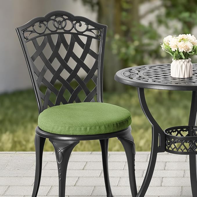 NUU GARDEN 3-Piece Cast Aluminum Patio Bistro Set, Outdoor Table and Chairs Set of 2 with Umbrella Hole and Green Cushions for Patio, Balcony, Garden, Black
