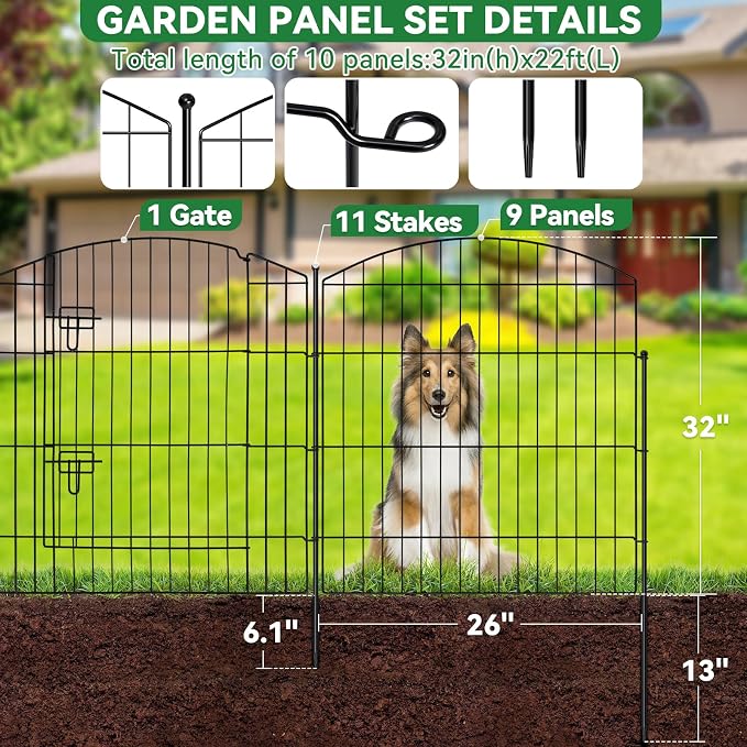 GOTGELI No Dig Decorative Garden Fence with Gate 32in(H) x 22ft(L), 9 Panels+1 Gate+11 Stakes, Rustproof Metal Animal Barrier, Temporary Dog Fencing Outdoor for Yard, Patio, Flower Bed, Landscape