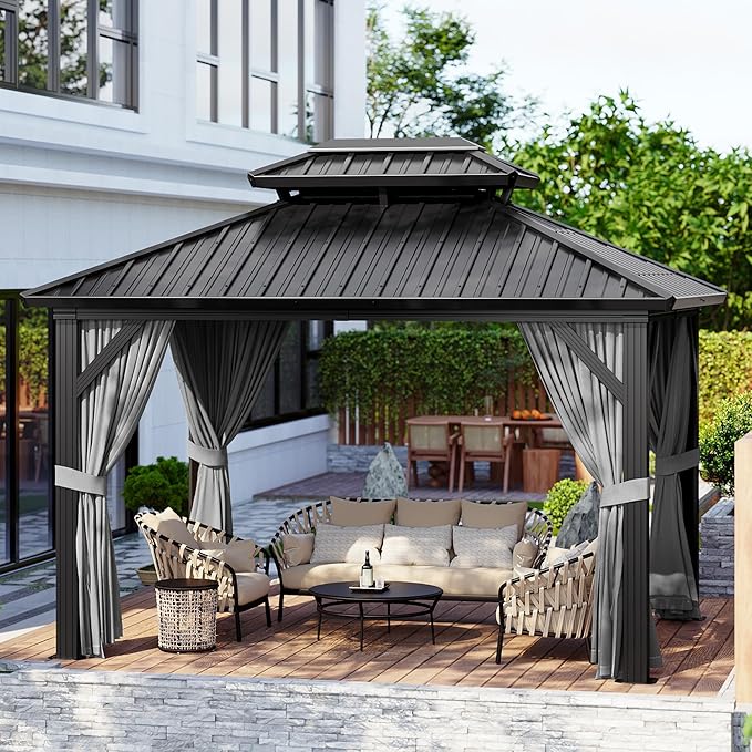 10' x 12' Hardtop Gazebo, All Weather Heavy Duty Aluminum Frame Double Metal Roof Outdoor Gazebo, Gray Patio Pavilion with Mesh Netting & Privacy Curtains, Perfect for Backyard, Garden, Porch & Poolsi