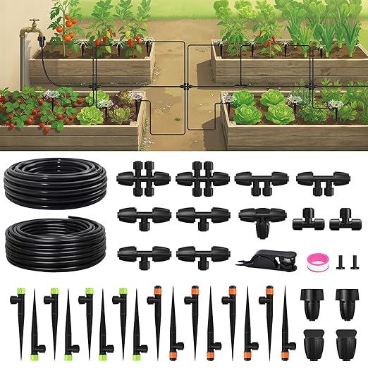 RAINPOINT Drip Irrigation System, Quick-Connect Garden Watering System Kit with Adjustable Emitters for Greenhouse, Garden Grid, Raised Bed, Potted Plants (25 ft Main Tubing + 50 ft Irrigation Tubing)