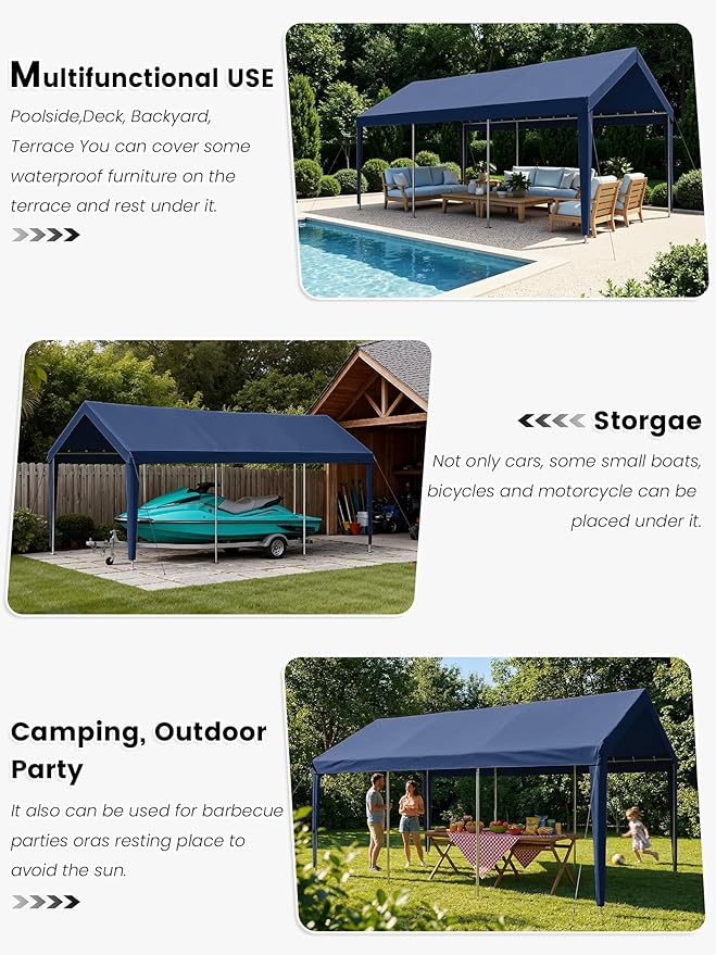 12 x 20 Ft Carport Replacement Cover, Heavy Duty Outdoor Car Tarp Canopy, Waterproof & UV Protected Tear Oxford Tarp with Ball Bungees (Frame is Not Included)