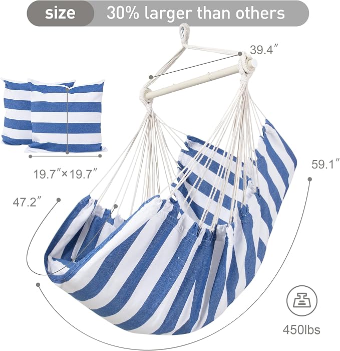 SUNCREAT Hammock Chairs Hammock Chair Swing with Steel Support Bar, Side Pocket, Large Swing Chair for Bedroom, Patio, Garden, Blue & White