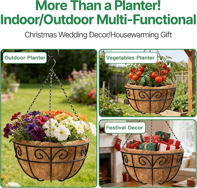 Amagabeli 4 Pack 14 Inch Metal Hanging Baskets Planter Outdoor Round Wire Hanging Basket for Plants with Coco Fiber Liners Chain Plant Holder for Garden Patio Deck Porch Plants Vegetables Flower Pots