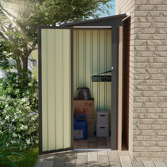 KEIKI 5x3 FT Metal Storage Shed with Pent Roof & Side Hinge Door, Small Outdoor Storage Shed for Garden Tools, Backyard Metal Shed for Patio or Tiny House Use, Brown