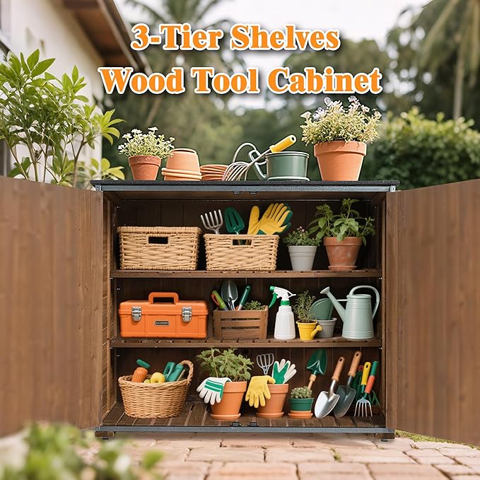 YOPTO Outdoor Wood Storage Cabinet,Garden Shed Tool with Metal Frame Structure and Waterproof Sloping Roof,Backyard Building w/ 3 Compartments & Latch,Furniture for Lawn,50.4"L X 26.8"W X 41"H,Brown