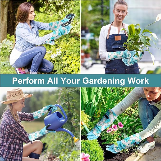 DLY Gardening Gloves, Garden Gloves for Women, long gardening gloves for Garden Work and Yard,Durable and Comfortable(Medium, Light Blue)