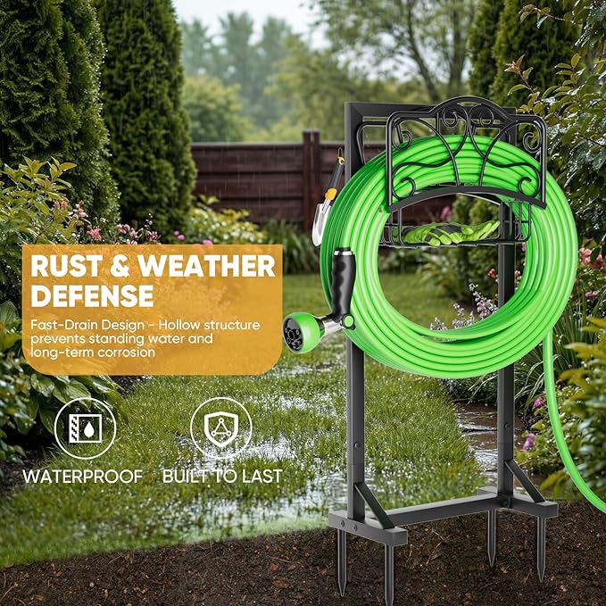 Heavy-Duty Garden Hose Holder with Storage Basket and Tool Hooks, XEAPOMS Stable Hose Hanger Metal Garden Hose Storage Holds 160Ft, Rustproof Freestanding Water Hose Holder for Outside,Yard,Lawn,Farm