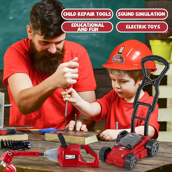 Arrowbash 4 Pcs Toy Gardening Tool Set for Kids Toy Weed Trimmer Chainsaw Hedge Trimmer Push Lawn Mower Battery Role Play Set Christmas Birthday Party Gift for Boys Girls