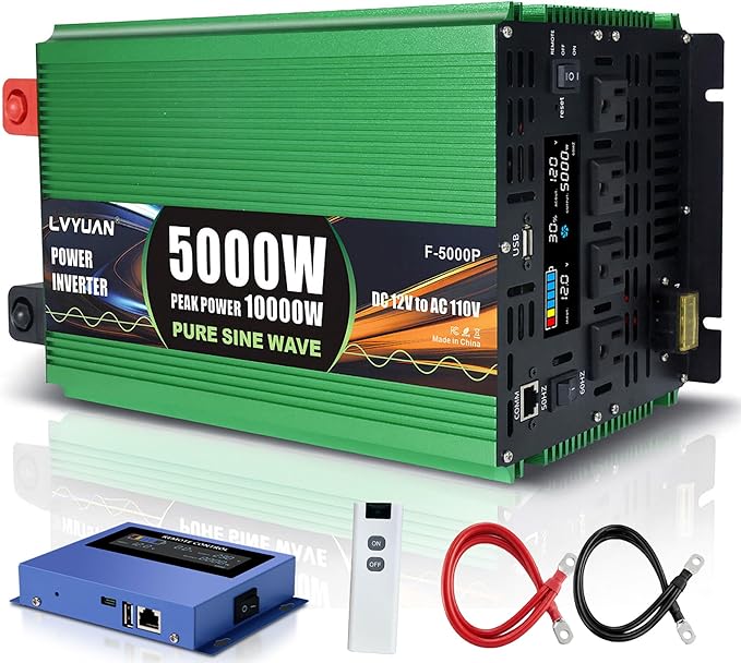 5000 Watt Pure Sine Wave Inverter, DC 12V to 120V AC Car Power Inverter for RV, Off-Grid, Power Inverter with 4 AC Outlet, 20W USB-C, 5V/3.1A USB, Hardwire Port, Remote & Panel Control, Surge 10000W