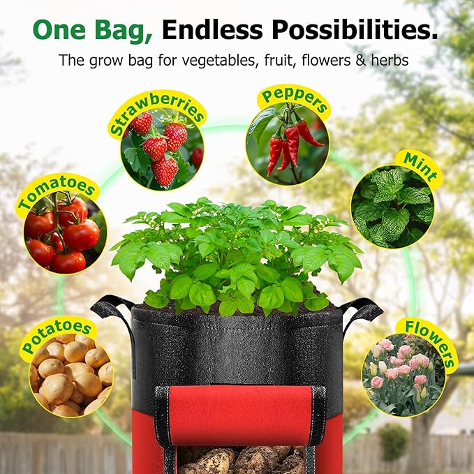 6 Pack Potato Grow Bags with Flap, 20 Gallon Grow Bags for Growing Potatoes, Colorful Durable Fabric Garden Planter Pots with Harvest Window for Tomatoes Vegetables Fruit Flowers Herbs