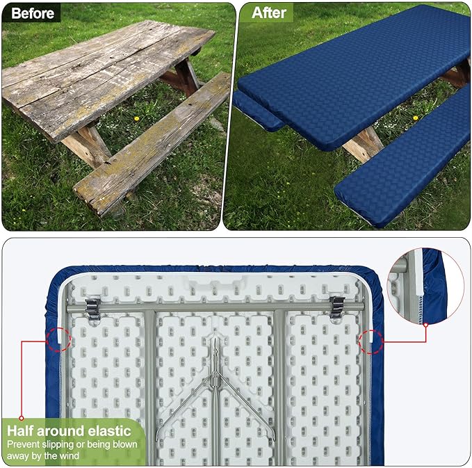 Picnic Table Cover with Bench Covers Camping Essentials Waterproof Windproof Camping Tablecloth with Drawstring Bag, Fitted Rectangle Tables and Seats, 96in, Deep Blue