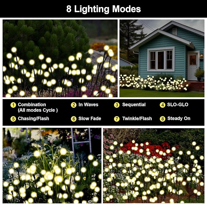 Solar Firefly Lights Warm White, 8 Modes 800mAh Swaying Firefly Yard Lights Solar Powered Outdoor Waterproof for Outside Yard Patio Lawn Pathway Walkway Stake Christmas Garden Decor (4 Pack)