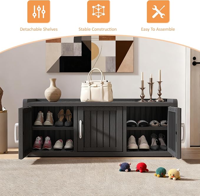 2-Tier Storage Bench, Waterproof UV-Resistant Outdoor Shoe Storage Cabinet with 3 Doors & Adjustable Shelves for Indoor Outdoor Entryway, Hallway, Living Room (Classic Black)