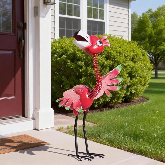 Natelf Funny Outdoor Metal Welcome Flamingo Garden Yard Statue | Waterproof and Rust-proof Whimsical Pink Bird Sculpture for, Porch, Patio, Backyard Decor, 21.46''